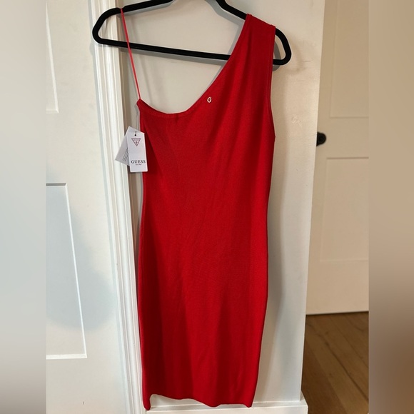 Guess Women’s One Shoulder Red ribbed dress with rosette - Picture 6 of 7